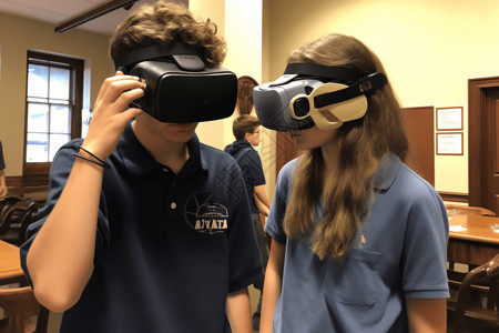 学生用VR技术认知不同的事情高清图片