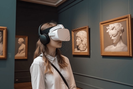 VR博物馆一名学生使用VR探索美术馆背景