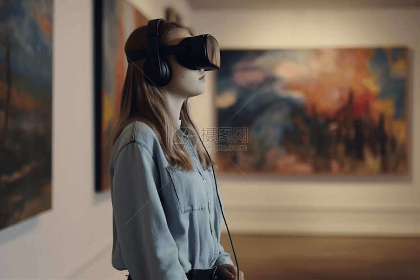 一名学生戴着VR和耳机探索虚拟美术馆图片