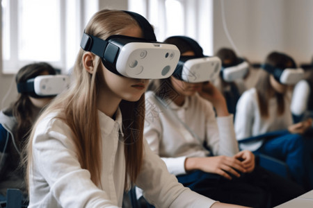 一群学生在使用VR进行学习高清图片