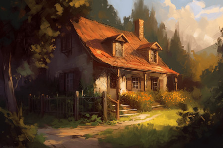 一幅舒适的乡村小屋的画背景图片