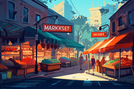 主题商街热闹的城市商街插画