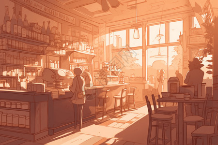 咖啡和水素材咖啡馆场景插图插画