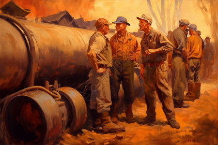 石油管道边的工人背景图片