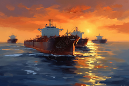 平静的海绵海面上的油轮油画插画