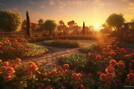 日落时的玫瑰园图片