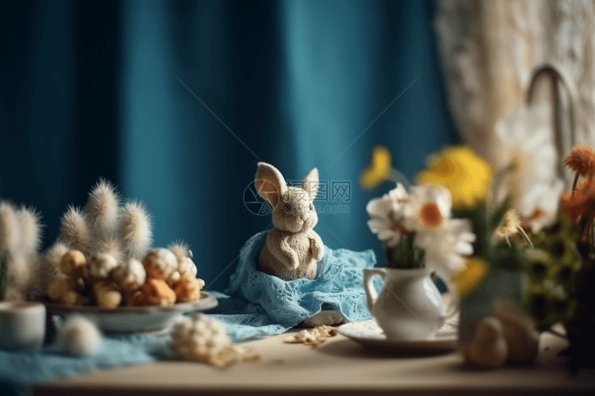 一只小毛绒兔子坐在桌子上图片
