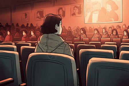 影院投影一个人向后靠在座位上看电影插画