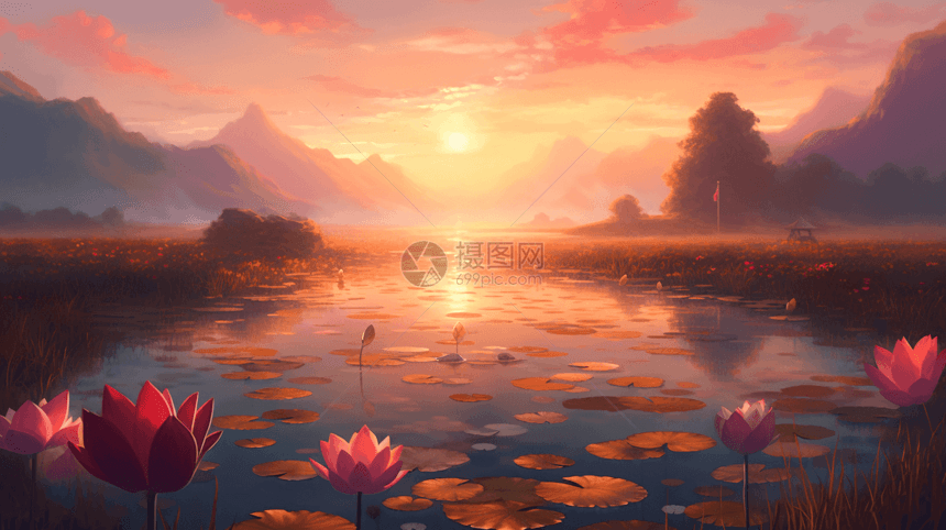 夕阳下的美丽的池塘图片