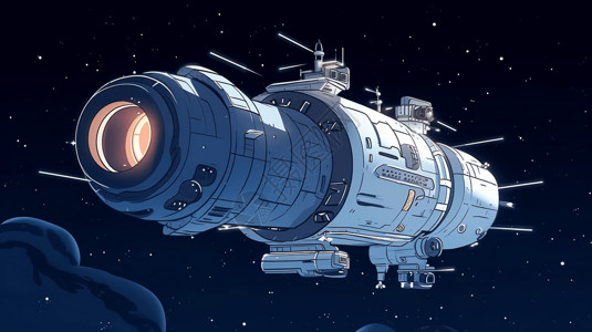 简单科技背景宇宙中的卡通空间站插画