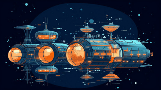 简单科技背景宇宙中的卡通空间站插画