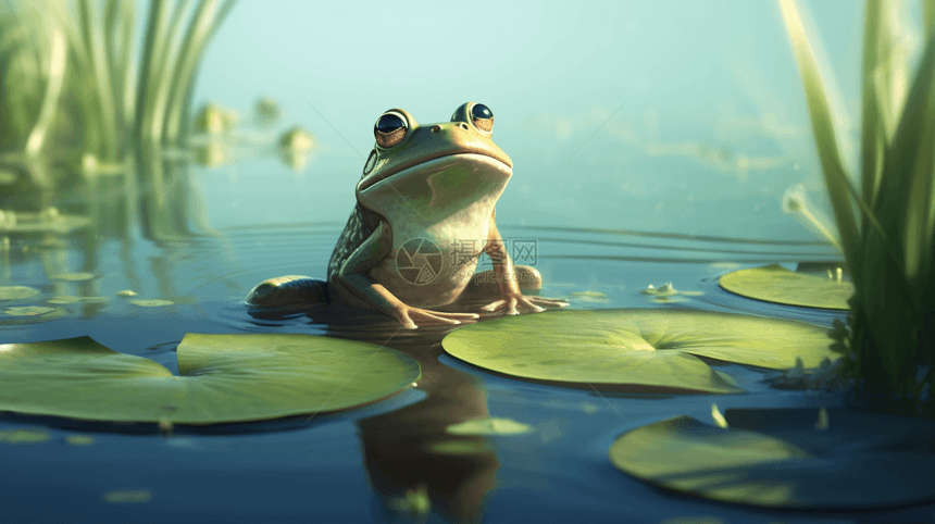 青蛙坐在睡莲垫上图片