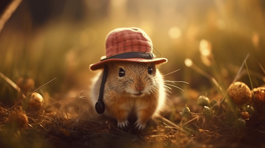 草地上小松鼠带帽子的松鼠插画