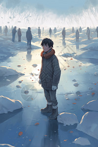 十和田湖在冬天一个中国小男孩在冰冻的湖面上插画