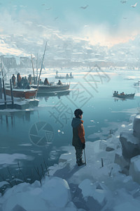湖面结冰一个中国小男孩裹着暖和的衣服在冰上插画
