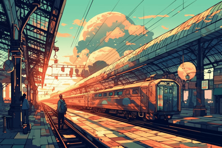 阳光明媚旅客在火车站等车的画面背景图片