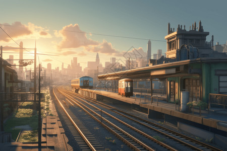 交通全景阳光普照的火车站的全景插画