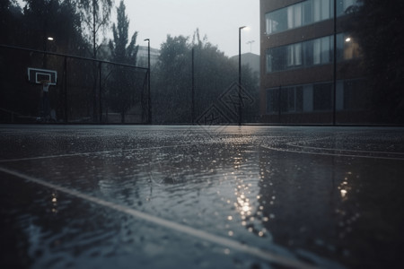 被雨淋湿的篮球场背景图片