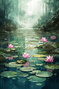 宁静的池塘水彩画背景图片