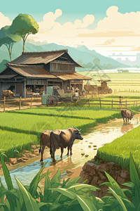 美丽稻田放牧场景高清图片
