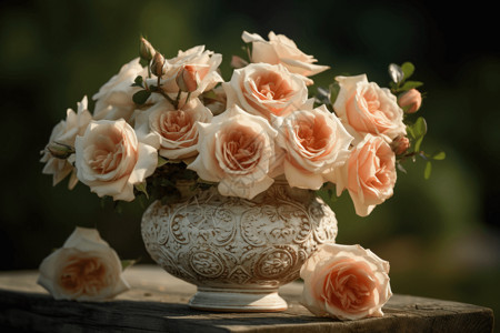 老式花瓶中的一束玫瑰图片