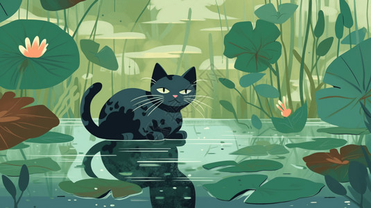 一只猫在池塘追逐图片