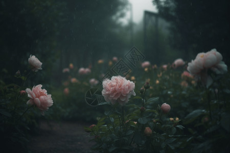 牡丹花园雨中牡丹园的浪漫场景设计图片