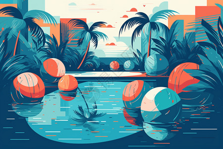 游泳池酒店带有海滩氛围的游泳池插画