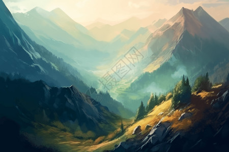 油画风格描绘的雄伟的山地背景图片