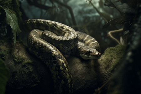 大树林雨林中间的蛇设计图片