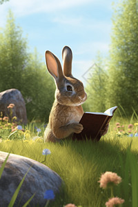 兔子在草丛上阅读背景图片