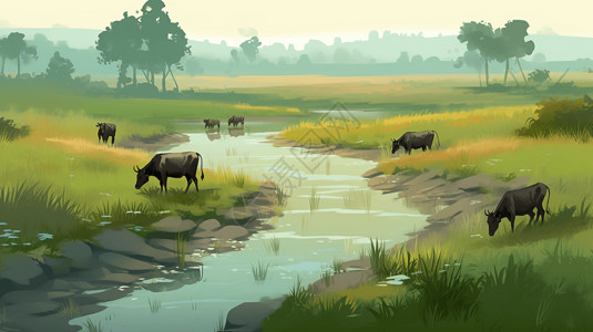 内蒙大草原的牛一群牛在凉爽清澈的溪流中畅游插画