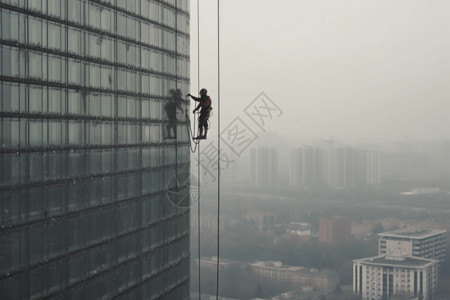 高层建筑户外工作的工人图片