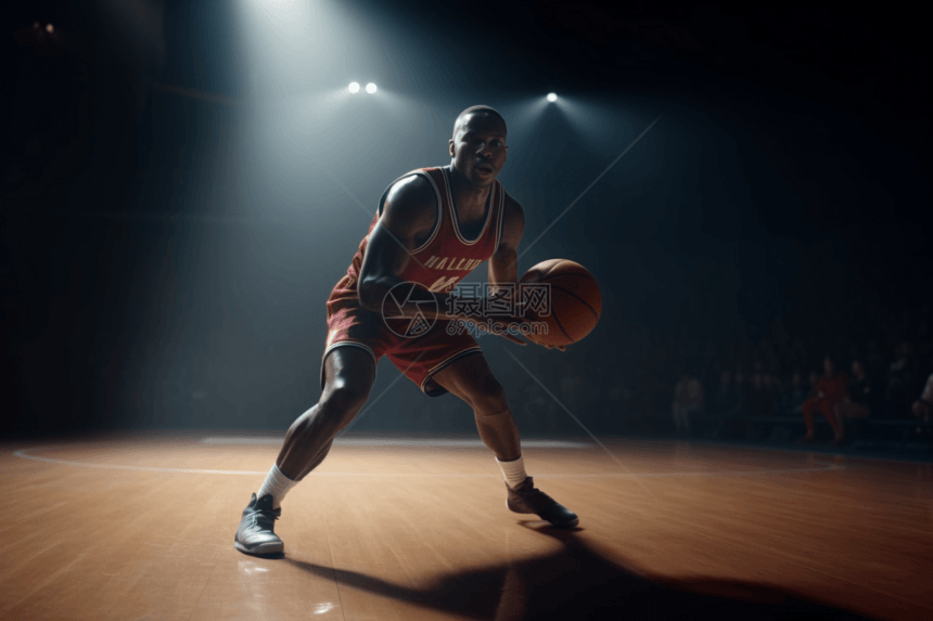 红衣服的男人在篮球场打篮球图片