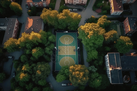 被大树围绕的篮球场背景图片