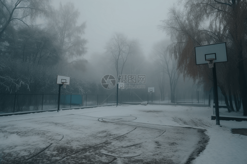 白雪皑皑的篮球场图片