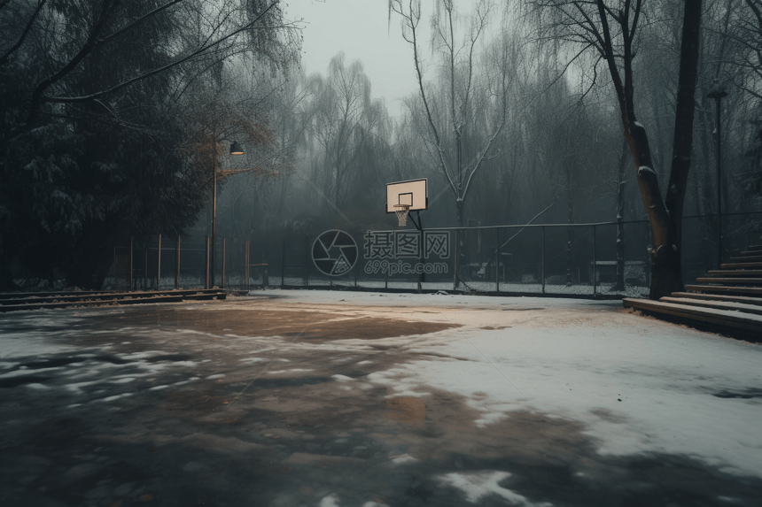 冬天，夜晚的篮球场图片
