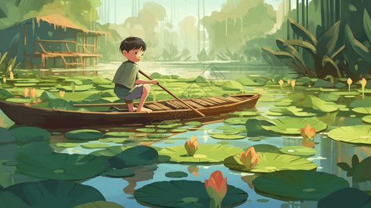 小男孩在荷花池塘里划船背景图片