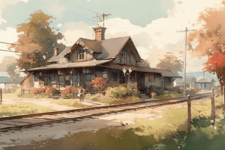 破旧火车破旧的乡村火车站插画