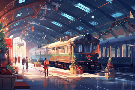 火车站的圣诞装饰图片