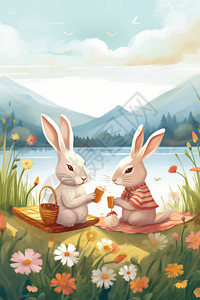 两只野餐的兔子背景图片