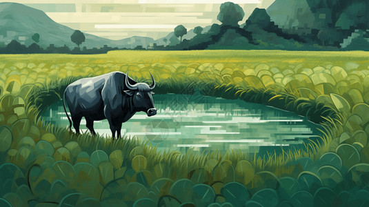 够牛就来稻田里的水牛插画
