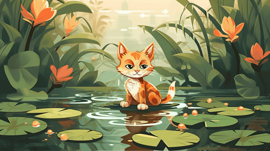 一只黄色的小猫端坐在池塘中央图片