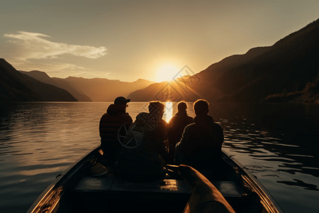 在船上的诗人一群人在船上看美丽的日落背景