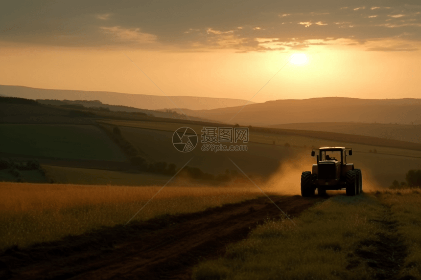 日落拖拉机在田野中耕作图片