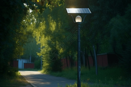 路灯上男孩郊区街道上的太阳能路灯设计图片