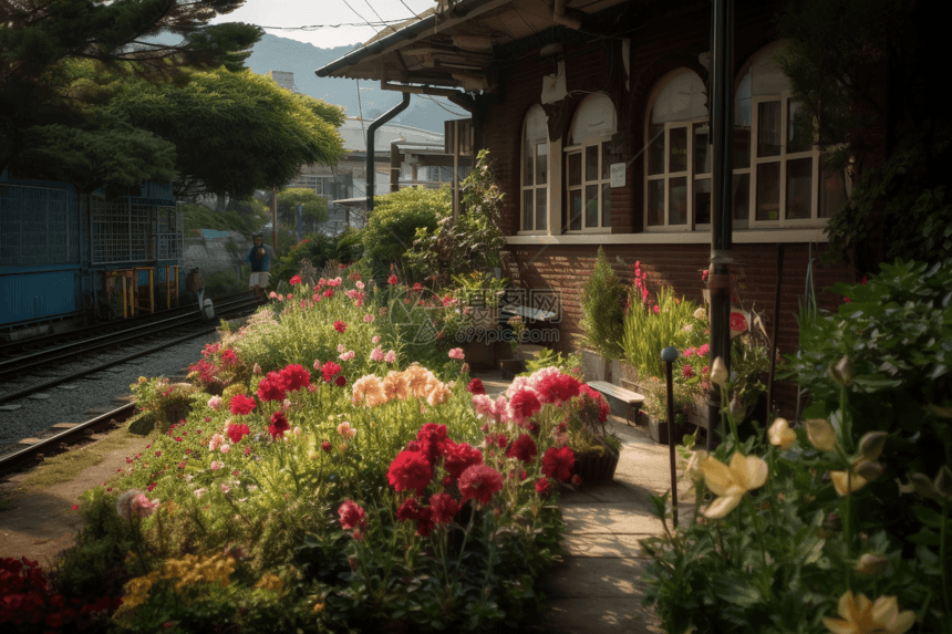 火车站附近的花园里开满了各种鲜花和植物图片