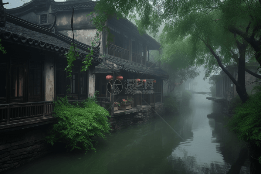 烟雨下的江南水乡图片