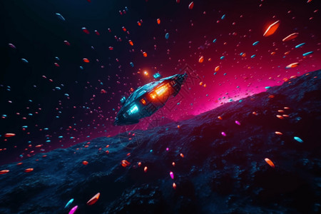 在霓虹色的小行星中飞行的飞船背景图片