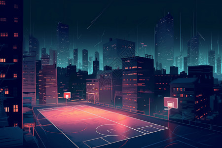 篮球之夜夜城市的篮球场景观插画